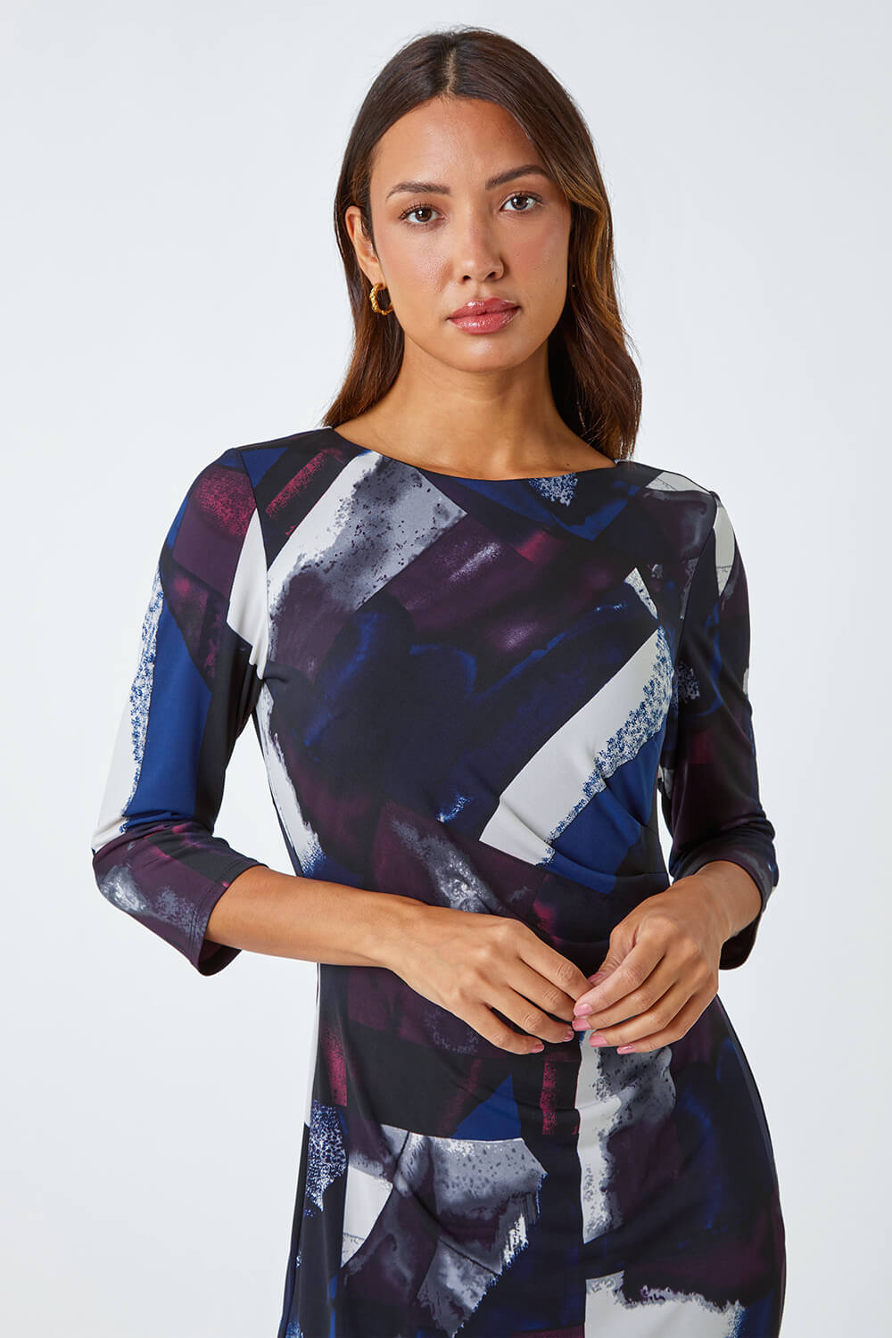 Purple Abstract Ruched Pleat Detail Stretch Dress, Image 4 of 5