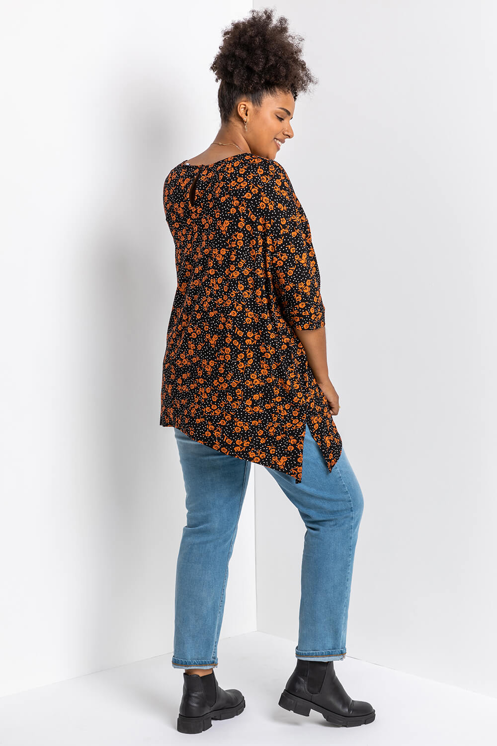 Rust Curve Ditsy Floral Print Tunic Top, Image 3 of 4