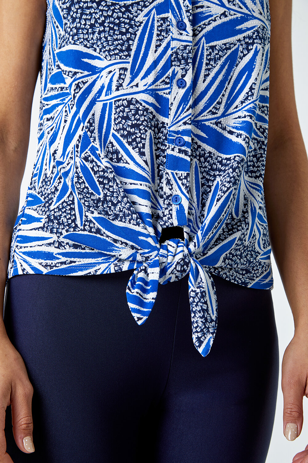 Royal Blue Textured Palm Print Stretch Blouse, Image 5 of 5