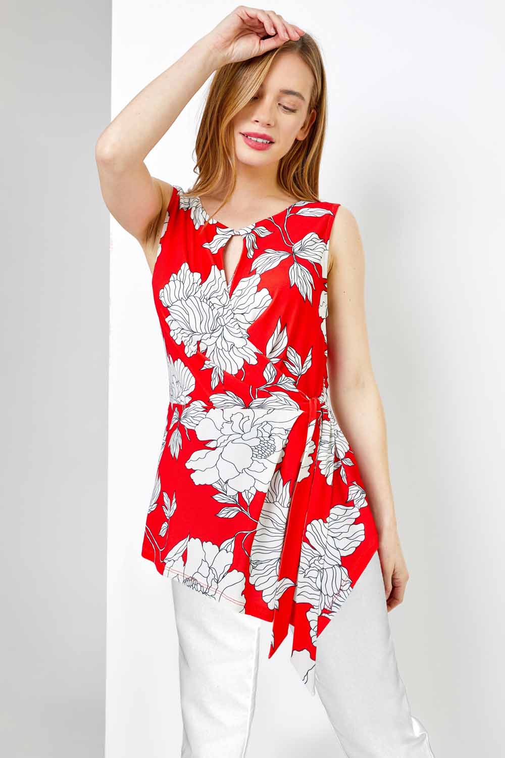Red Petite Floral Print Asymmetric Top, Image 1 of 4