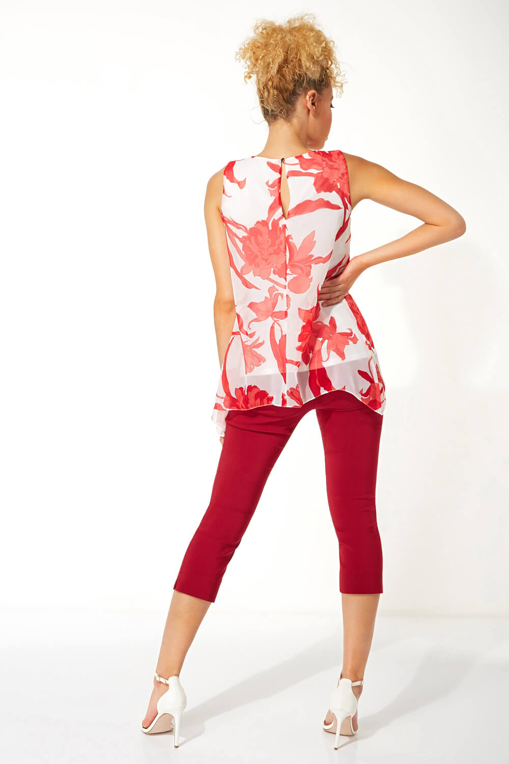 Red Floral Print Sleeveless Top, Image 4 of 4