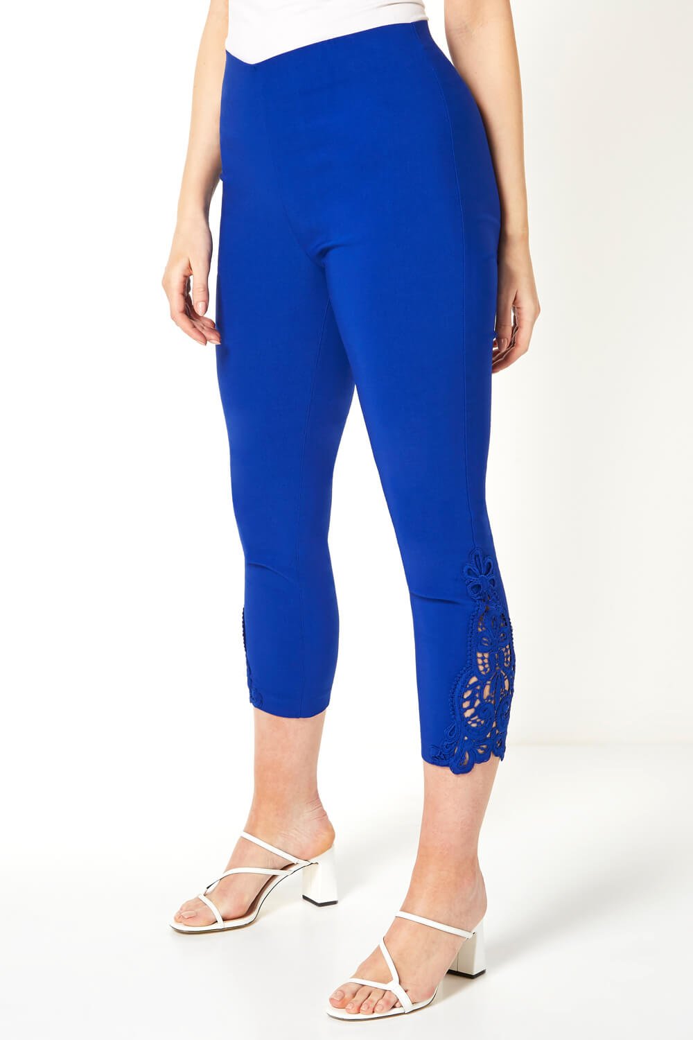 Royal Blue Lace Insert Crop Stretch Trousers , Image 2 of 5