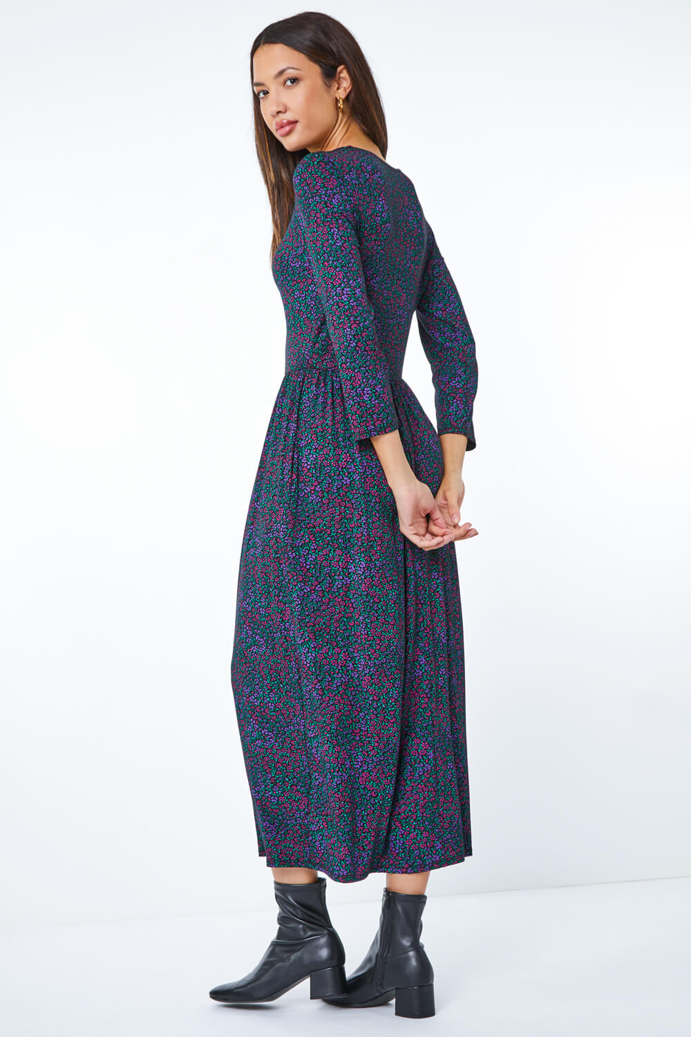 Purple Ditsy Floral Print Maxi Dress , Image 3 of 5