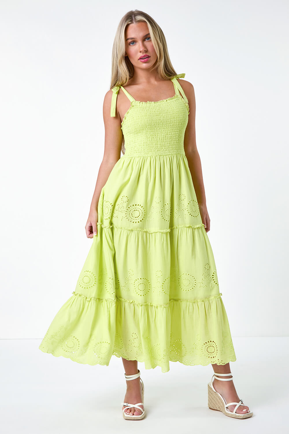 Lime Petite Cotton Broderie Tiered Maxi Dress, Image 2 of 5