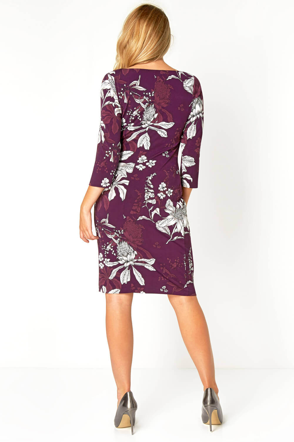 Purple Floral Twist Waist Dress, Image 3 of 4