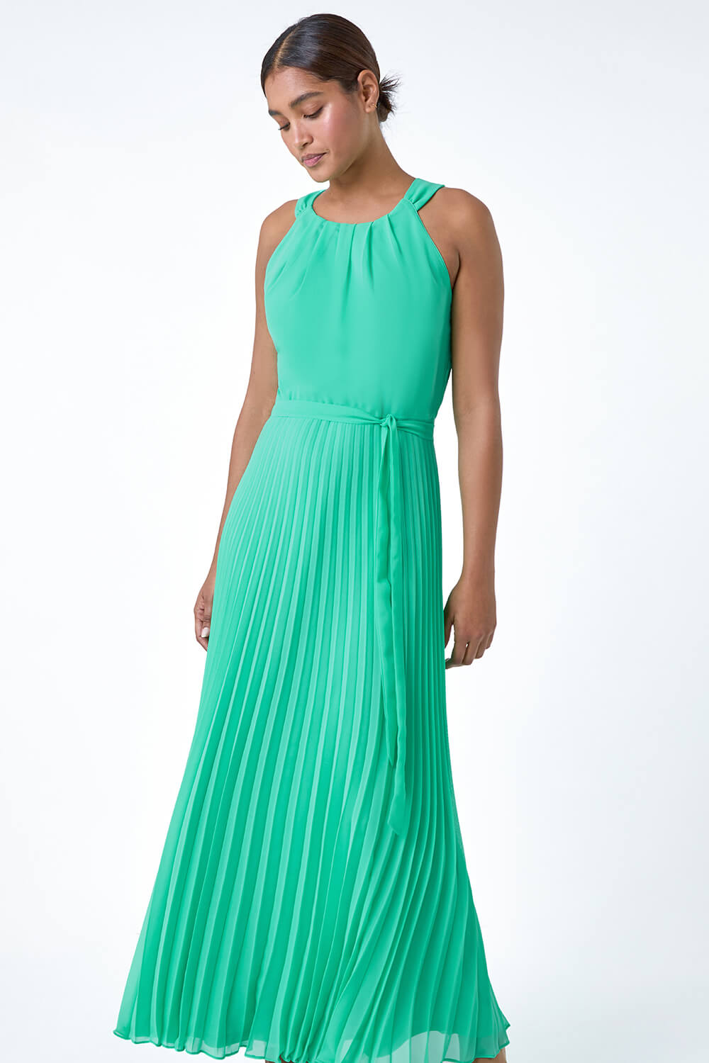 Green Pleated Halter Neck Maxi Dress, Image 4 of 5