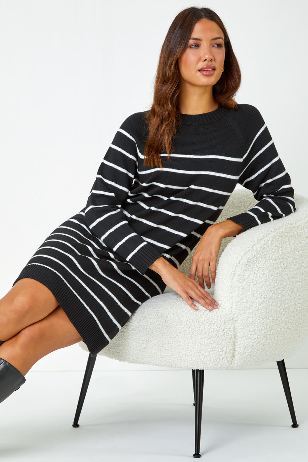 Black Stripe Print Knitted Jumper Dress, Image 1 of 5