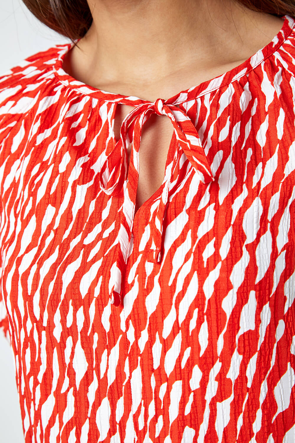 Red Abstract Print Tie Front Stretch Top, Image 5 of 5