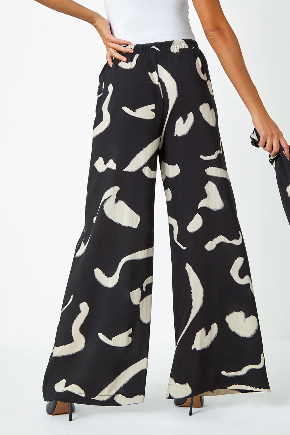 Black Abstract Print Wide Leg Trousers, Image 3 of 5