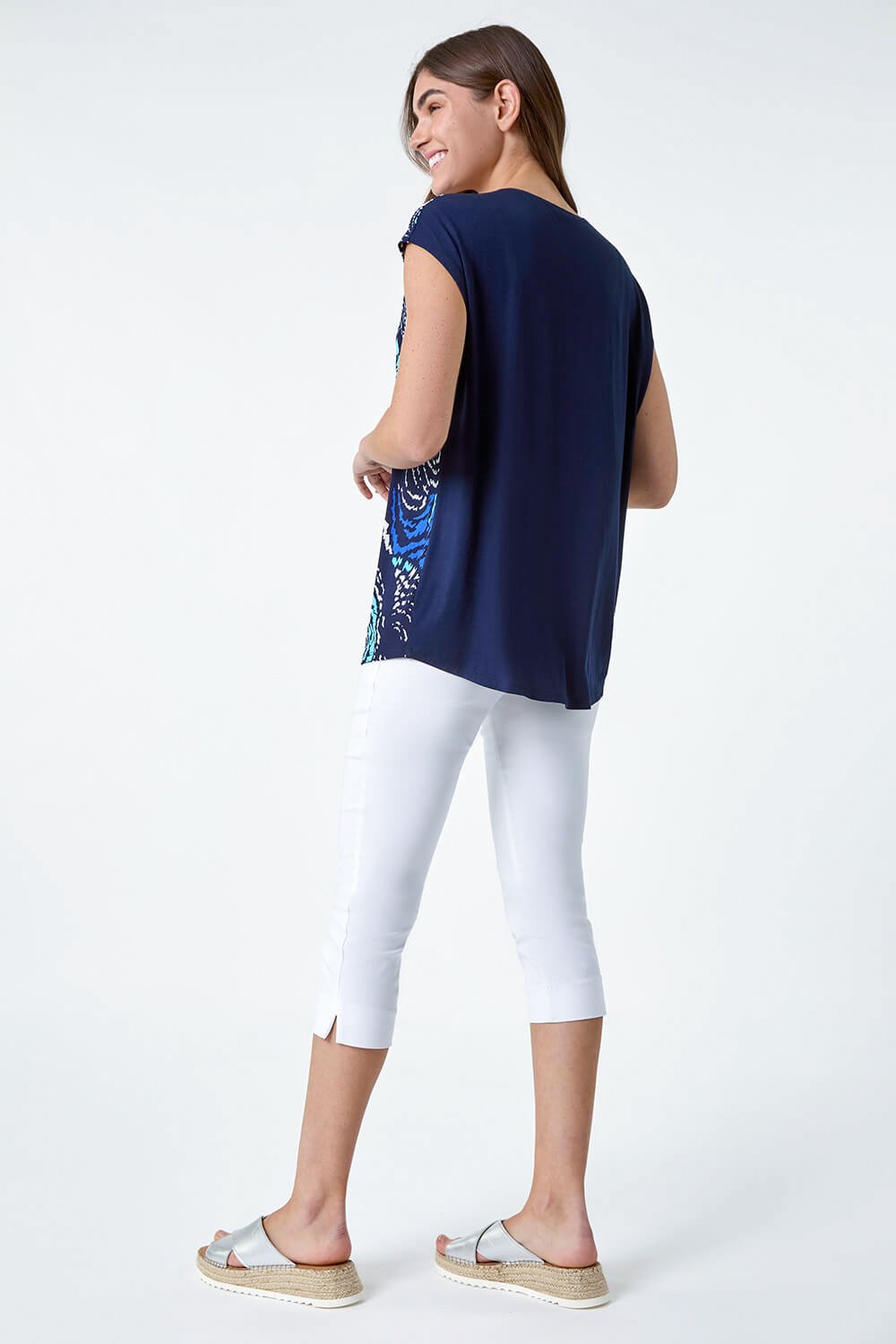 Navy  Abstract Wave Print Stretch Top, Image 3 of 5