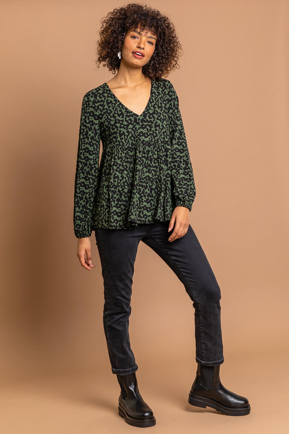 Green Animal Print V Neck Tiered Top, Image 3 of 5