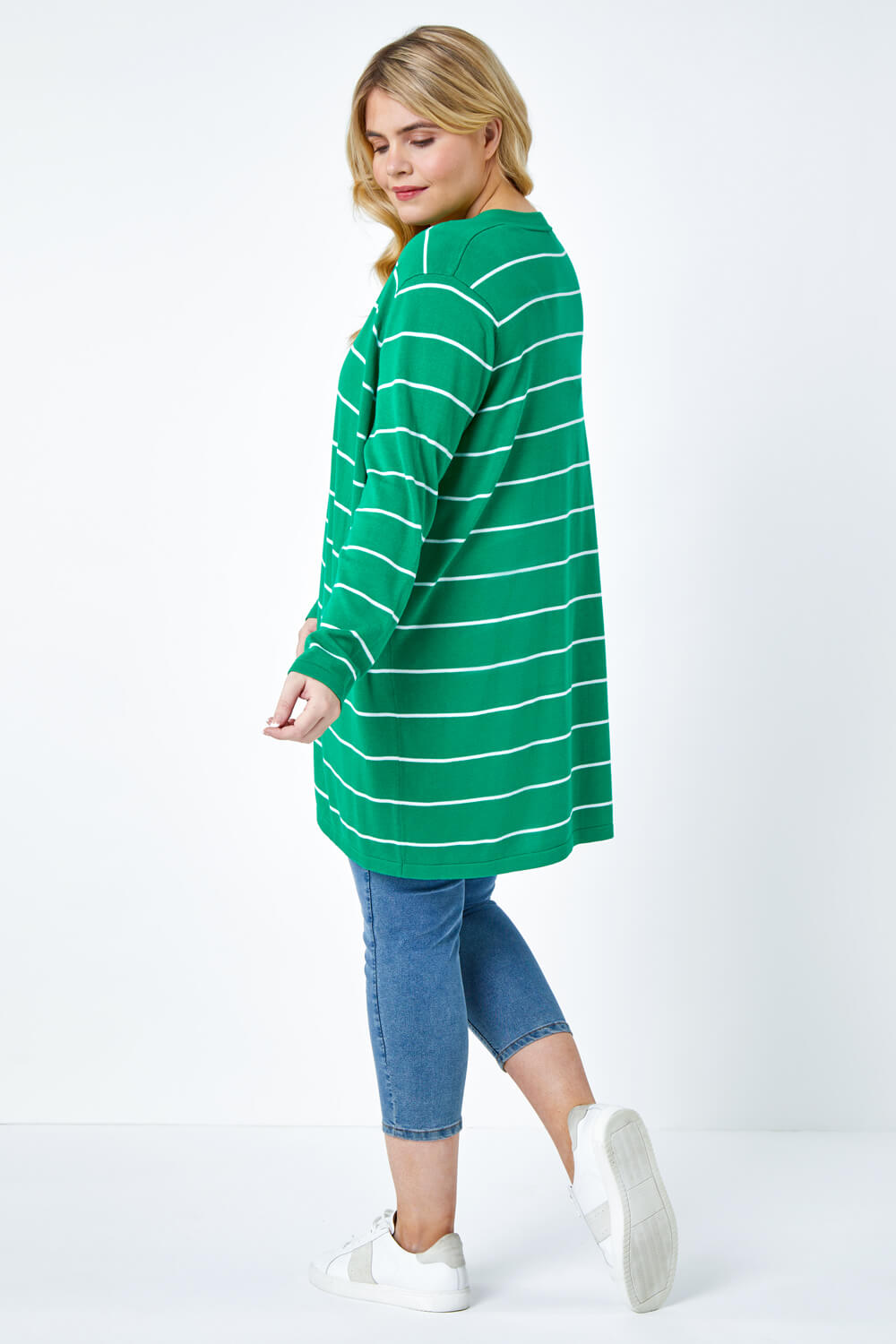 Green Curve Stripe Cotton Blend Longline Cardigan, Image 3 of 5
