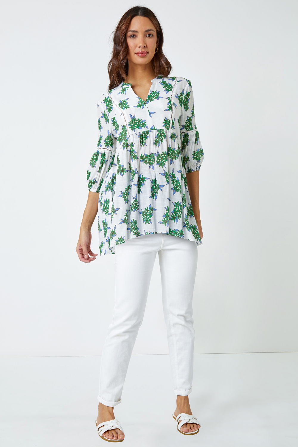 Green Floral Print Smock Tunic Top, Image 4 of 5