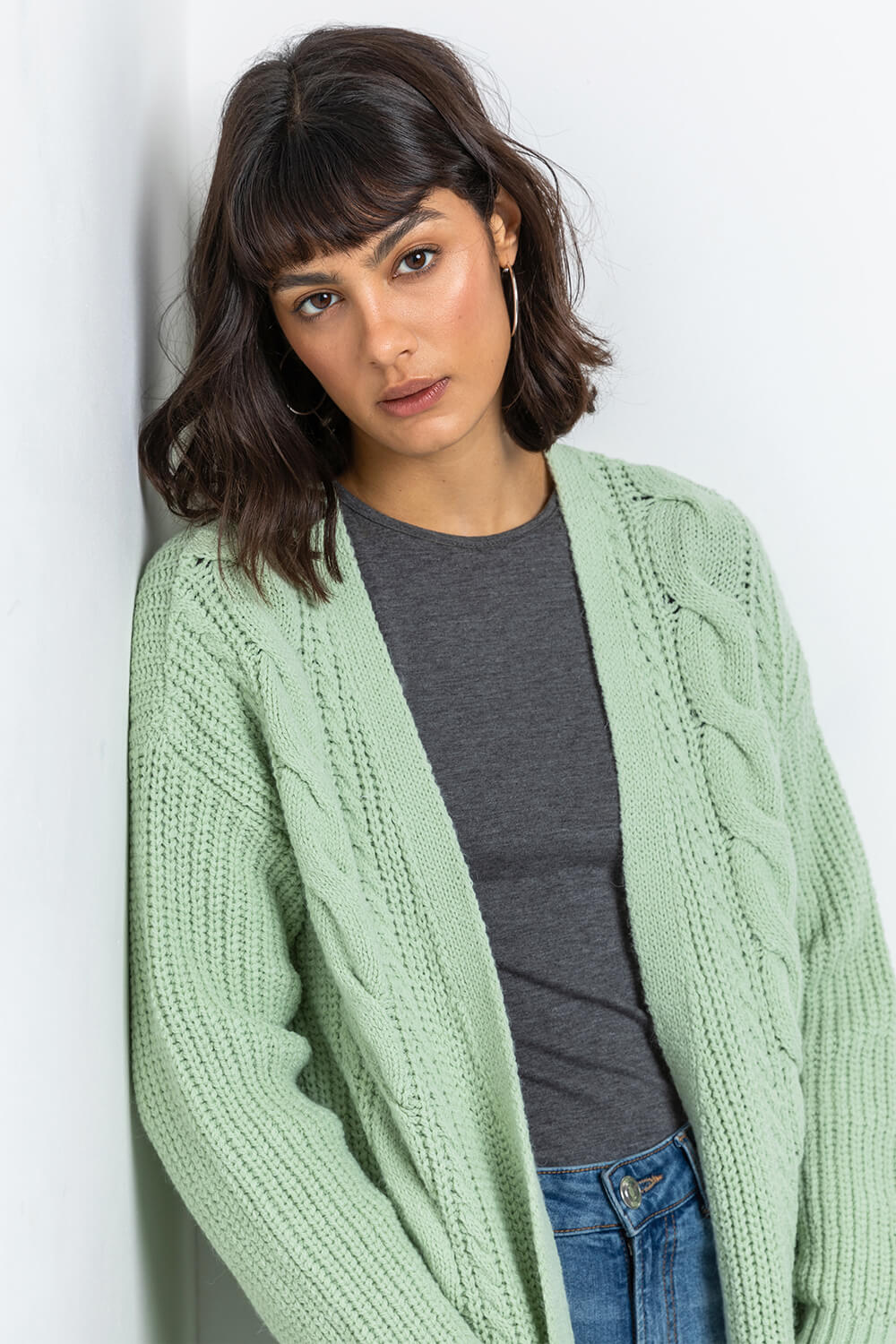 Mint Cable Knit Longline Cardigan, Image 4 of 5