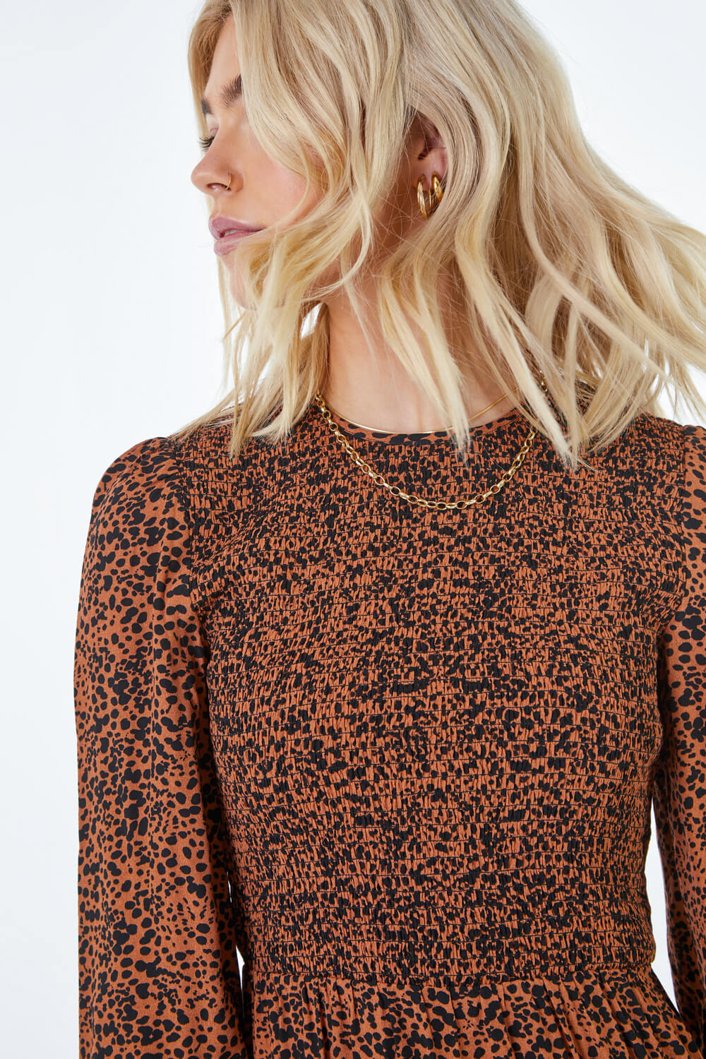 Camel  Animal Print Stretch Tiered Dress, Image 4 of 5