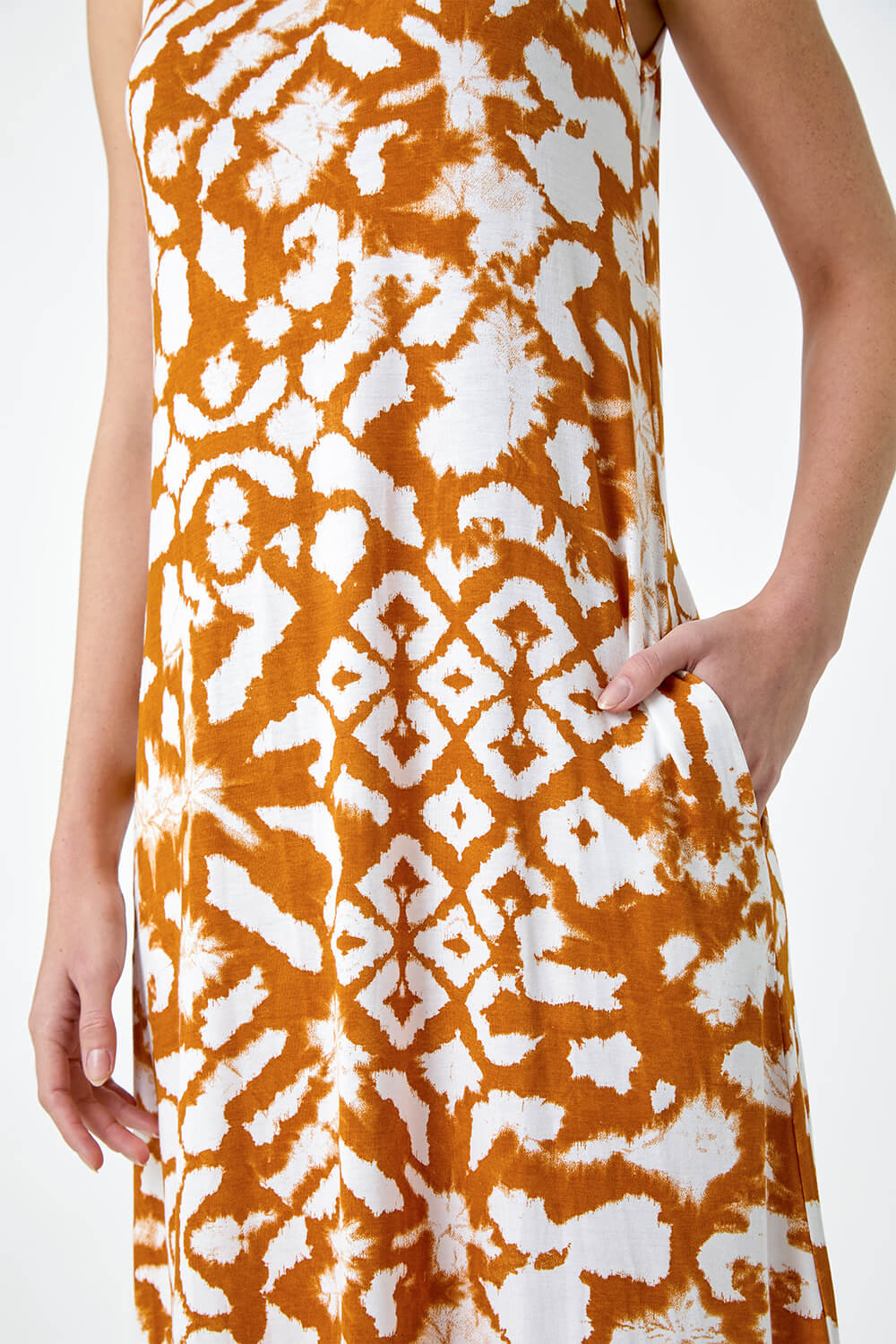 Tan Tie Dye Stretch Pocket Midi Dress, Image 5 of 5