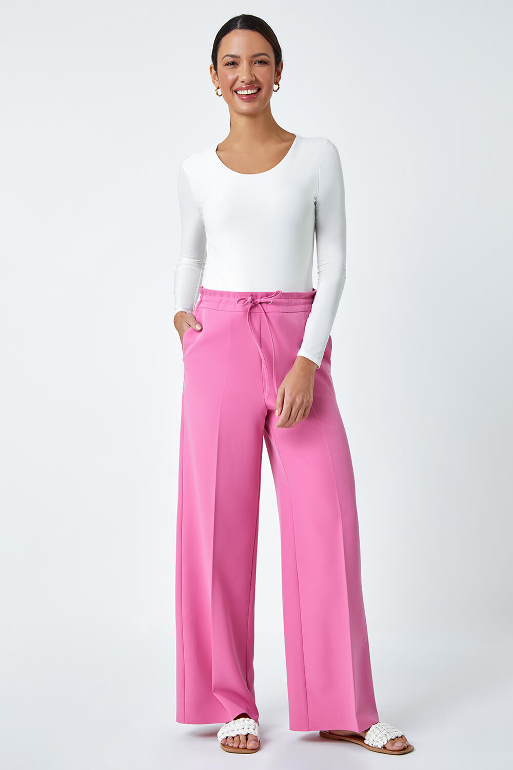 Light Pink Wide Leg Tie Front Stretch Trouser, Image 2 of 5