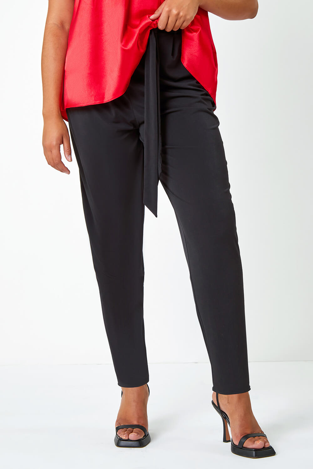 Black Curve Tapered Belted Stretch Trousers, Image 4 of 5