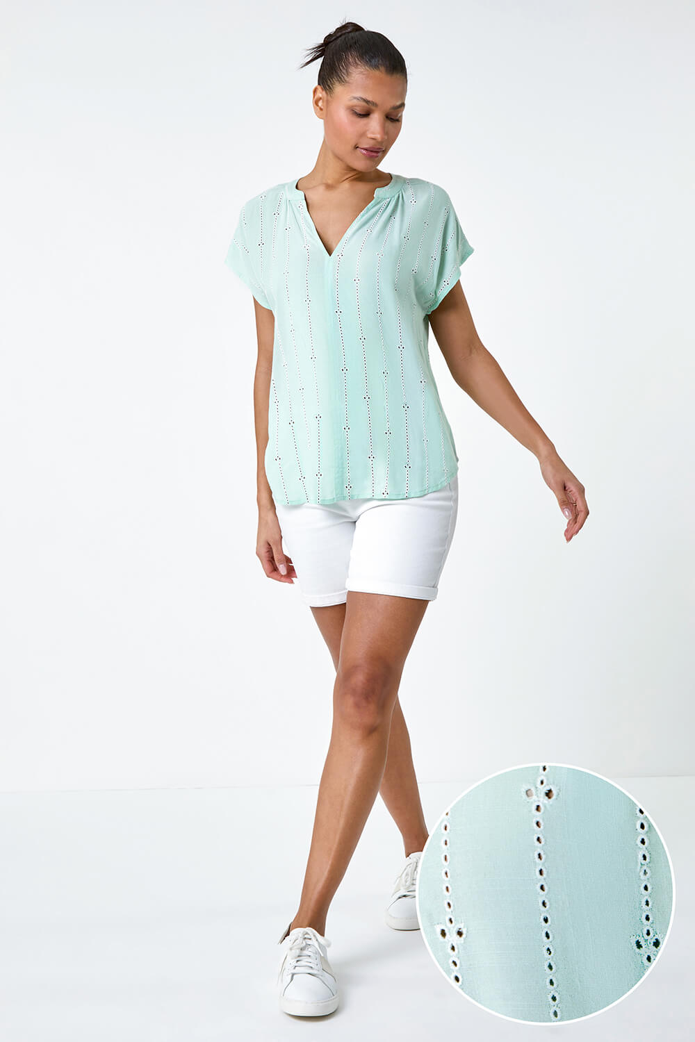 Mint Embroidered Stripe Notch Neck Top, Image 2 of 5