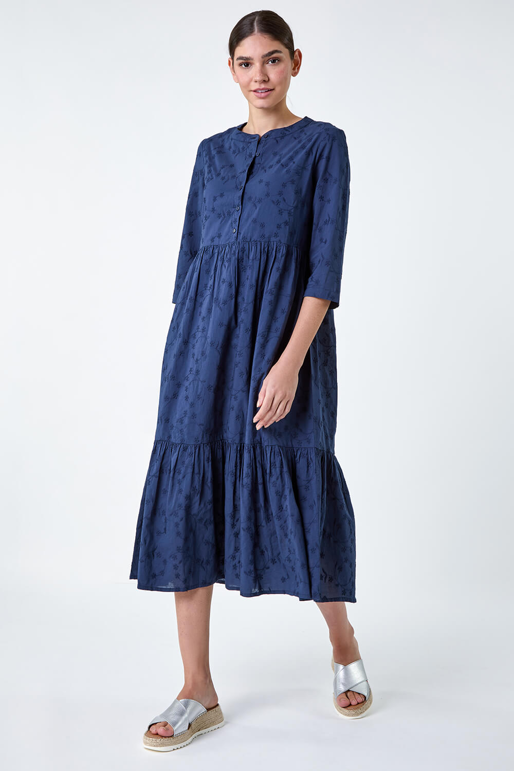 Navy  Embroidered Tiered Cotton Midi Dress, Image 2 of 5