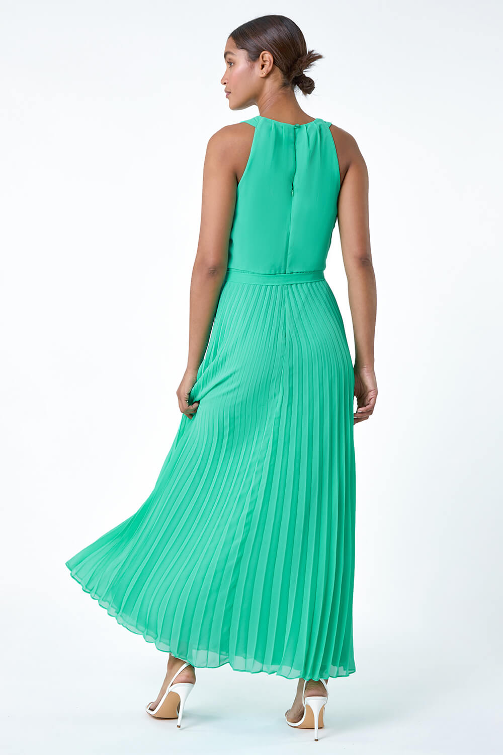 Green Pleated Halter Neck Maxi Dress, Image 3 of 5