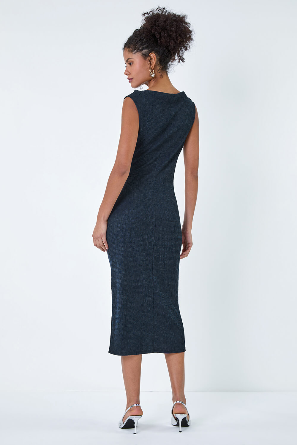 Navy  Ruched Cowl Neck Midi Dress, Image 3 of 5