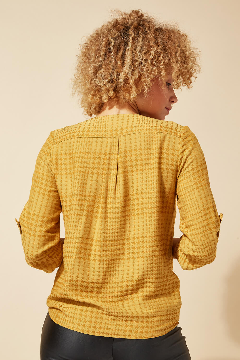 Ochre Tie Front Jacquard Dog-Tooth Blouse, Image 2 of 4