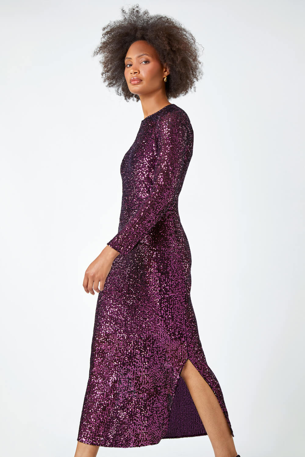 Purple Sequin Embellished Midi Stretch Dress, Image 2 of 6
