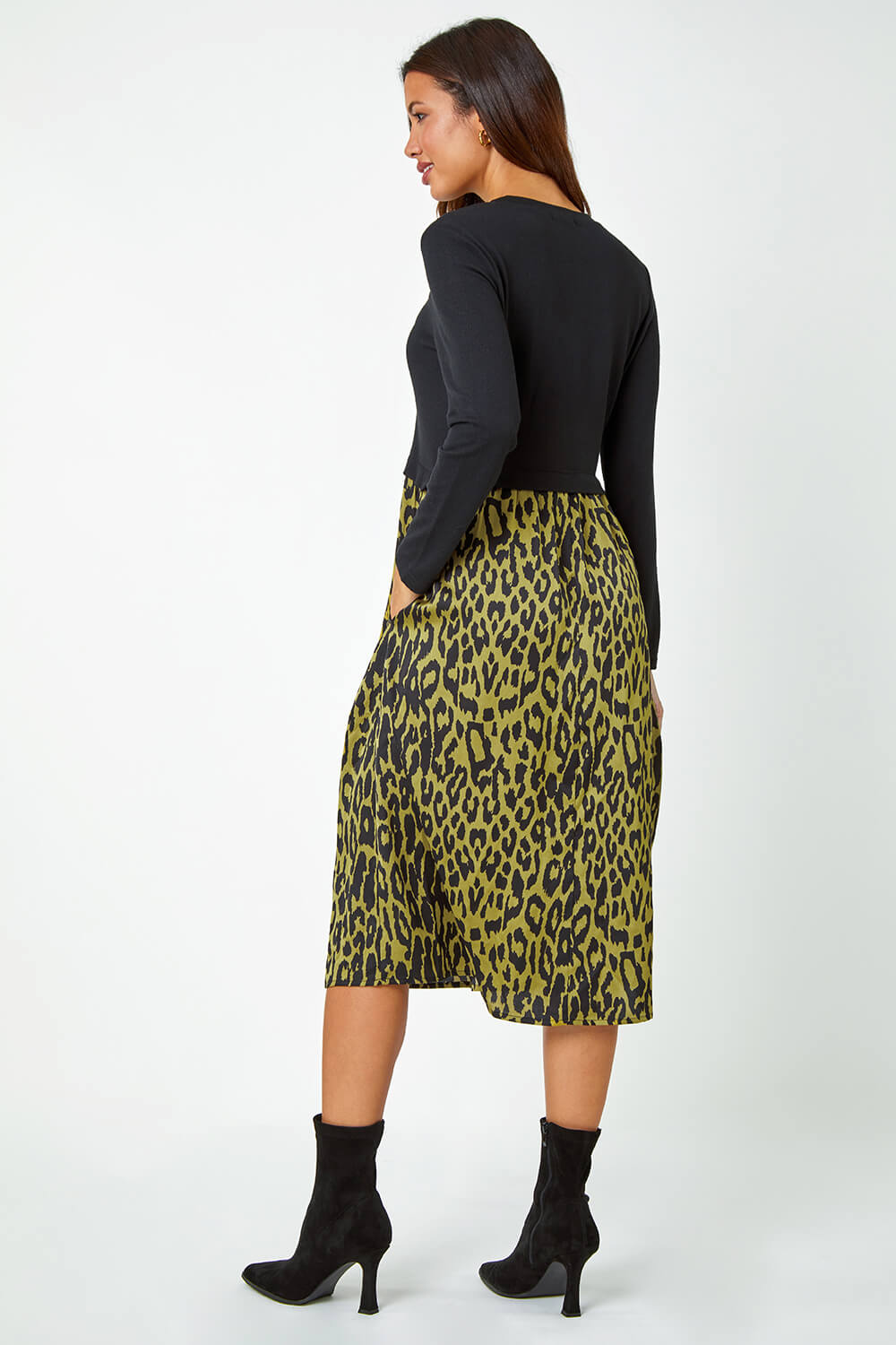 Black Contrast Leopard Print Pocket Knit Midi Dress, Image 3 of 5