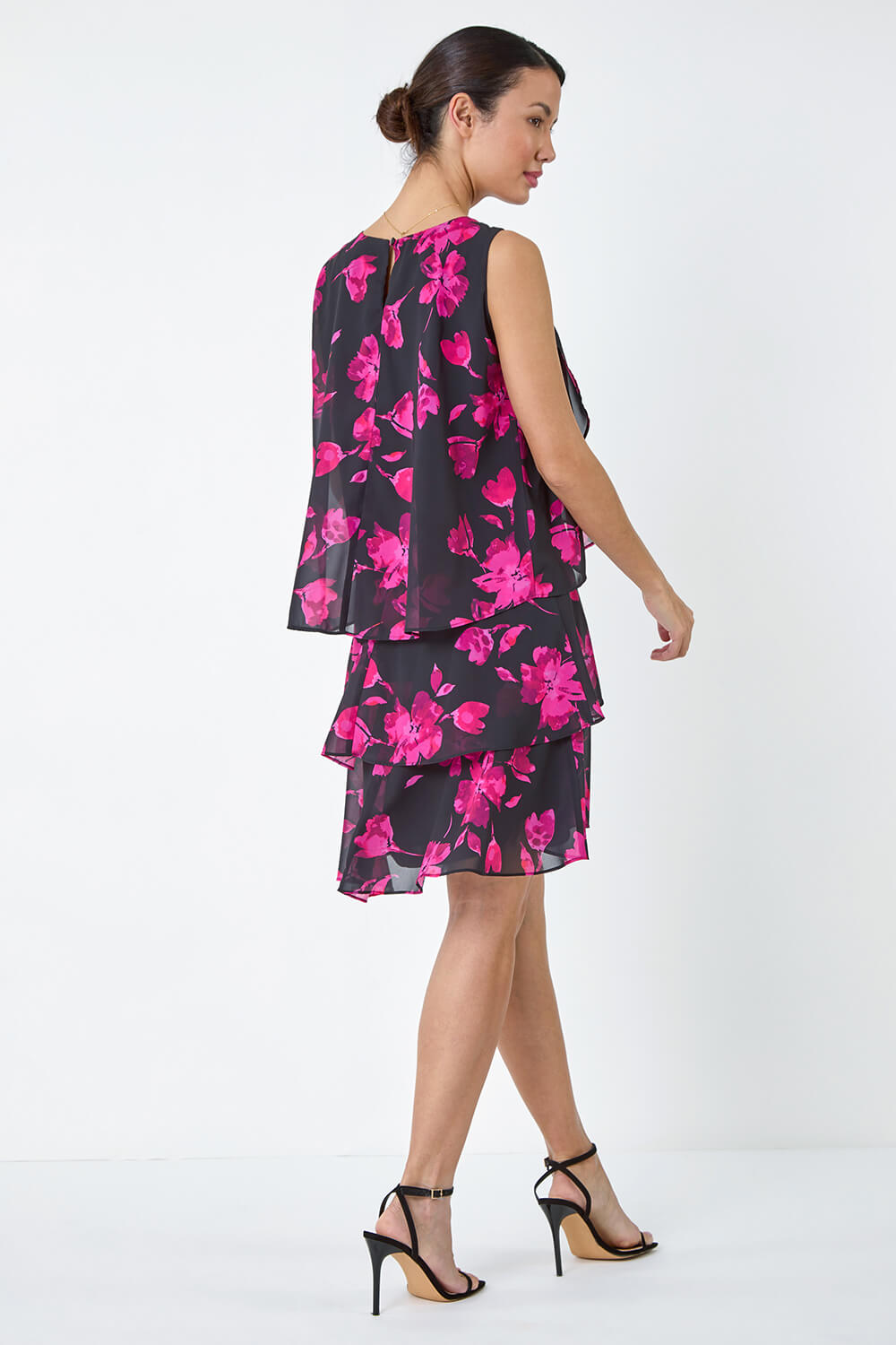 Black Floral Print Tiered Layer Dress, Image 3 of 5