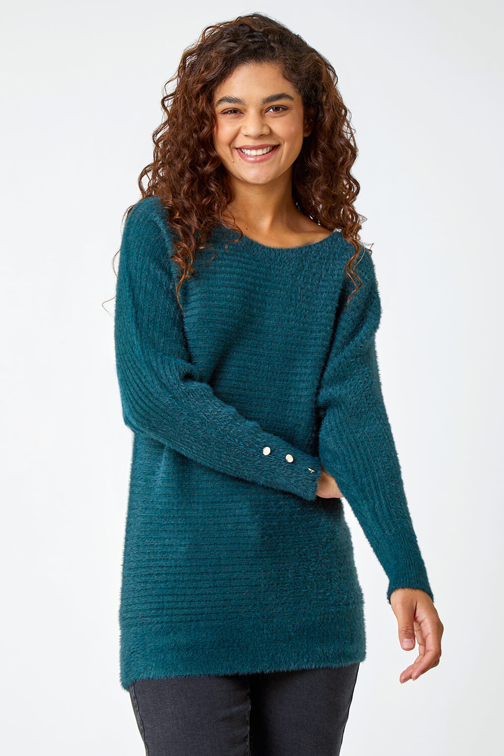 Green Button Sleeve Fluffy Longline Jumper , Image 2 of 5