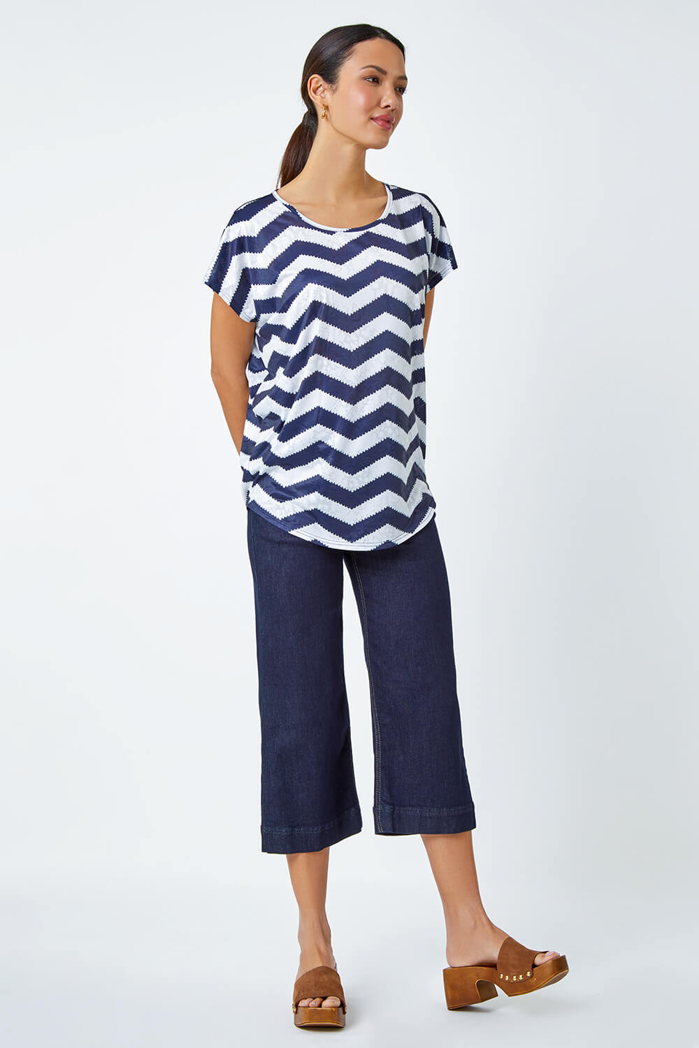 Navy  Zig Zag Print Relaxed Top, Image 2 of 5