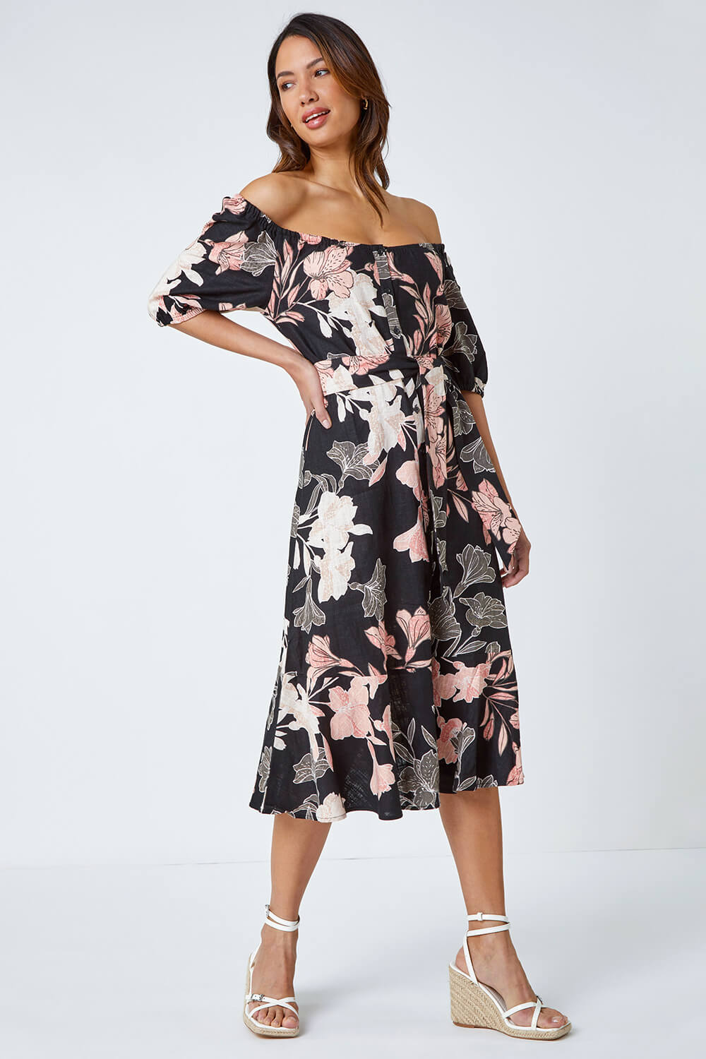 Black Floral Linen Blend Bardot Midi Dress, Image 2 of 6
