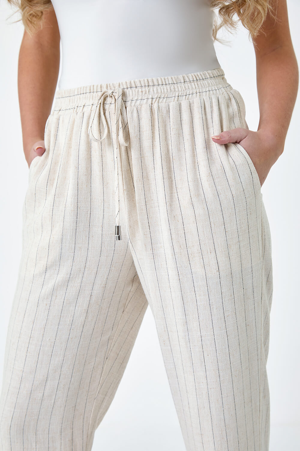 Natural  Petite Linen Blend Stripe Trousers, Image 5 of 5