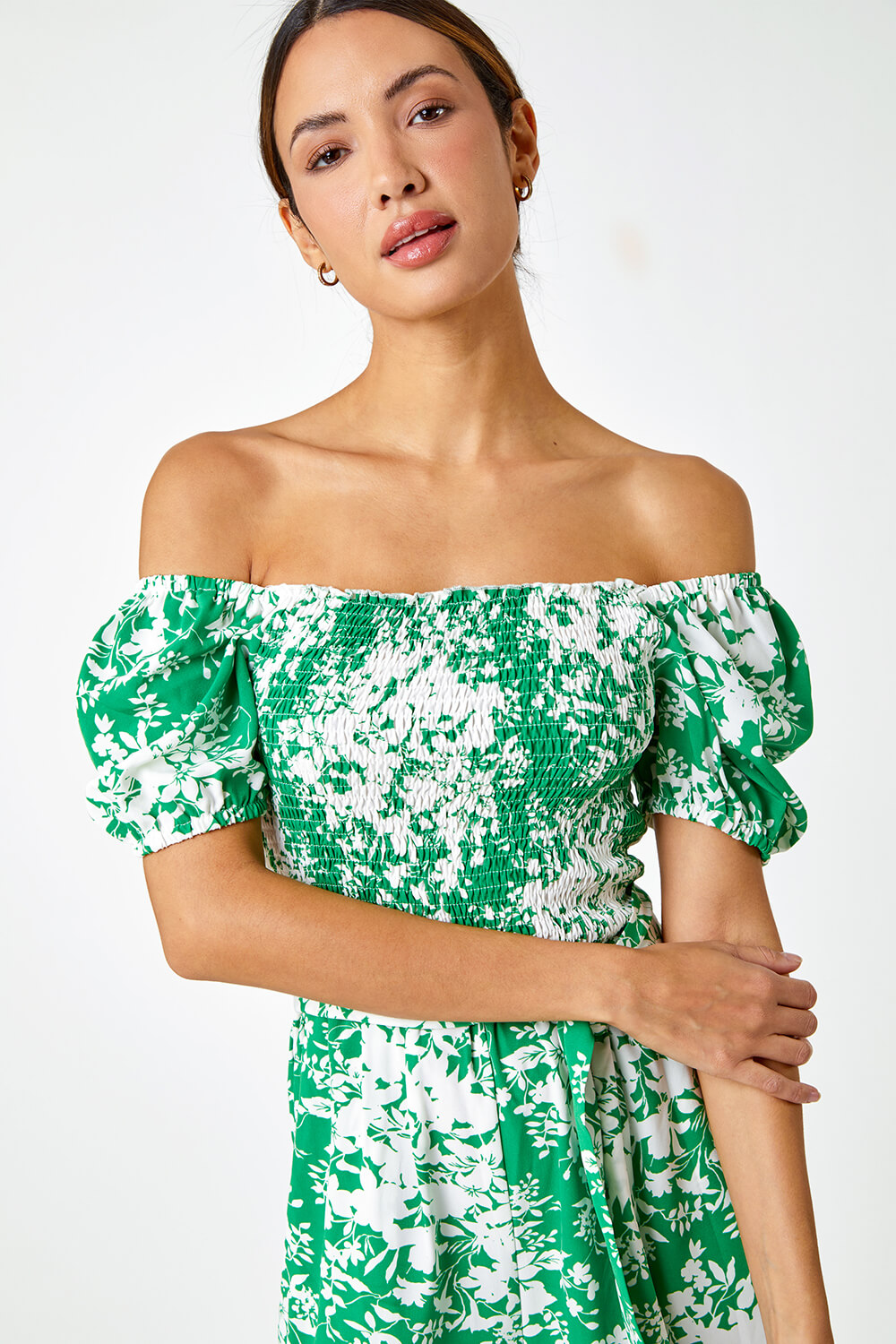 Green Ditsy Floral Stretch Shirred Jumpsuit, Image 5 of 5
