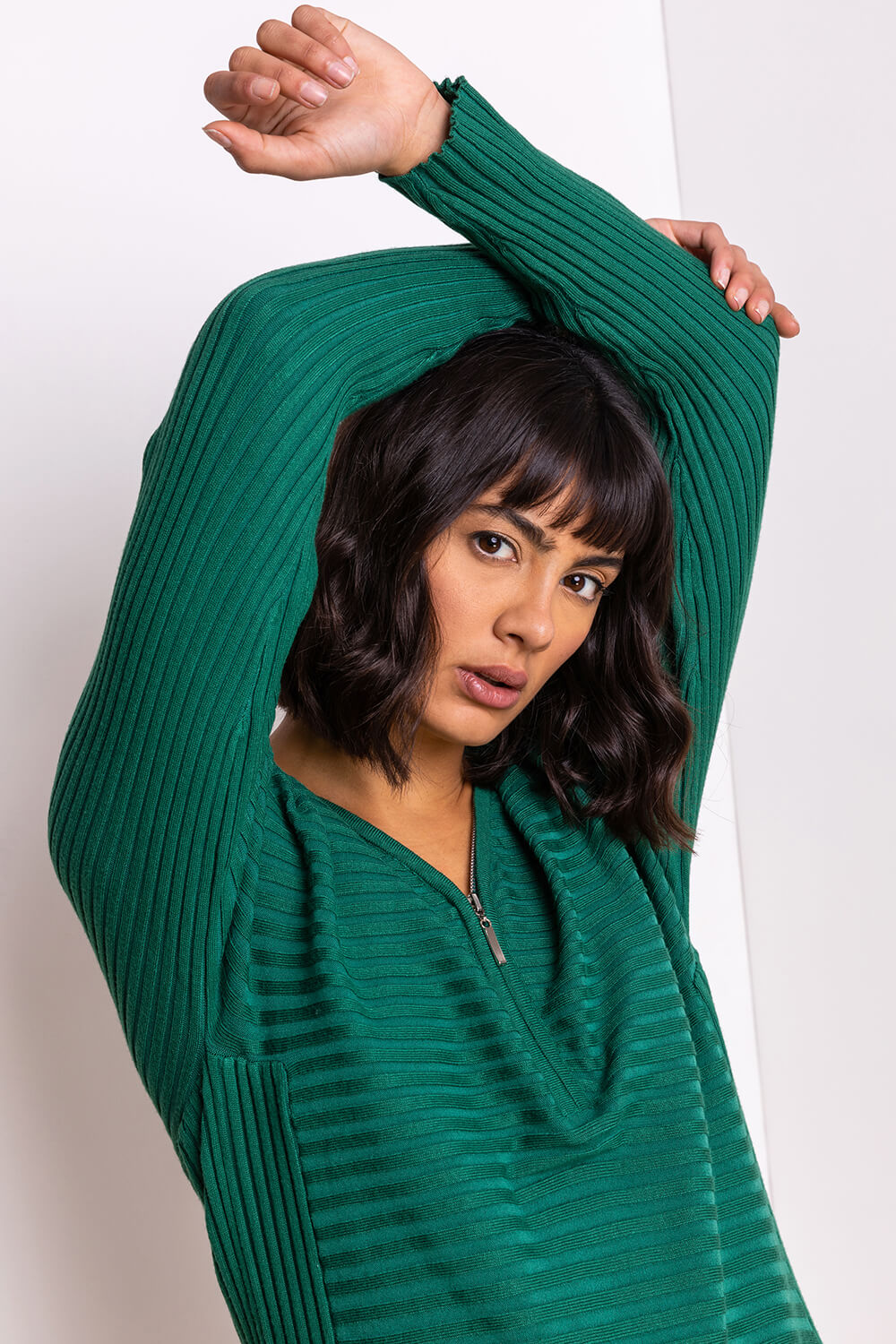Green Zip Front V Neck Jersey Long Sleeve Top, Image 5 of 5