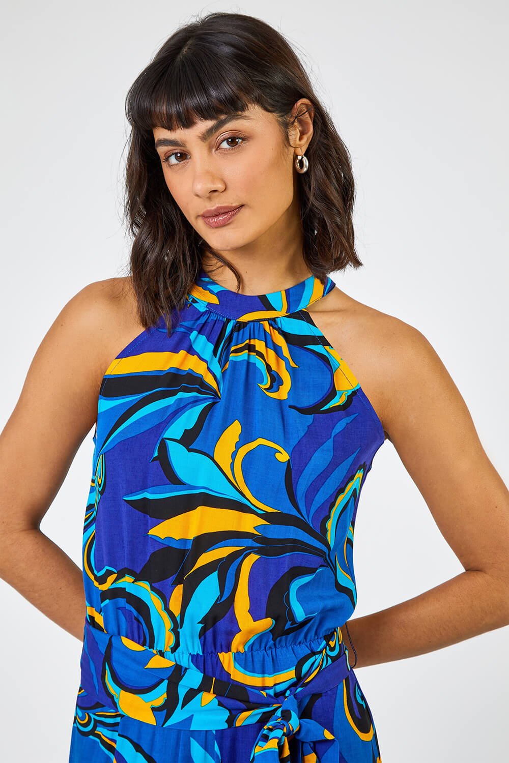 Royal Blue Abstract Halterneck Tiered Maxi Dress, Image 4 of 5