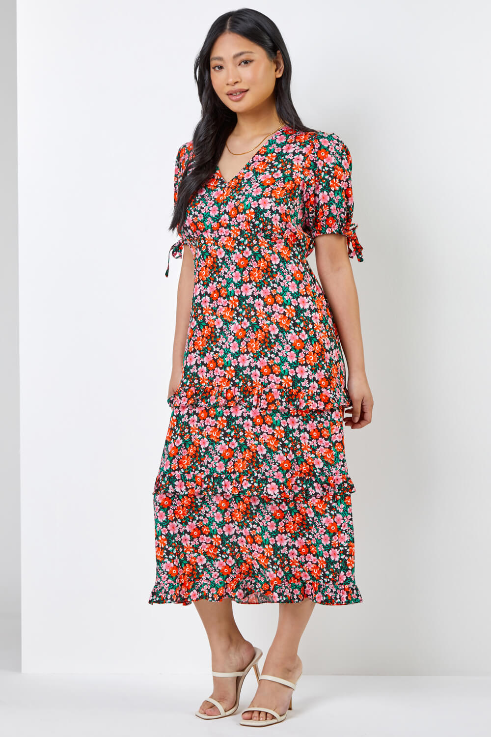 Petite Ditsy Floral Tiered Dress in Red - Roman Originals UK