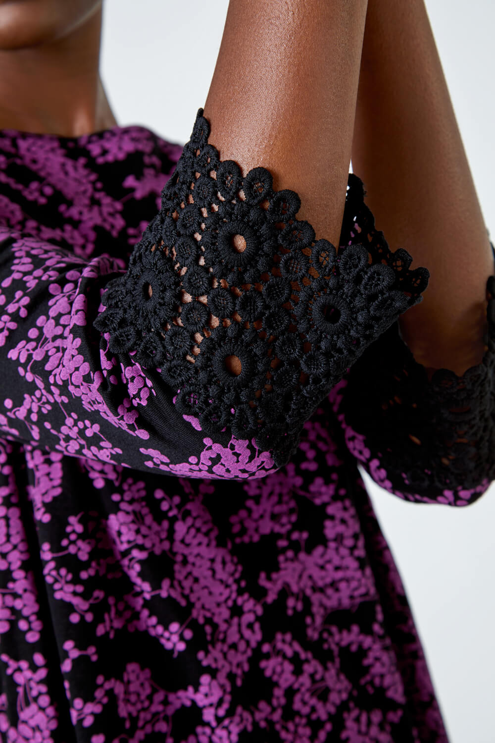 Purple Floral Lace Cuff Stretch Top, Image 5 of 5