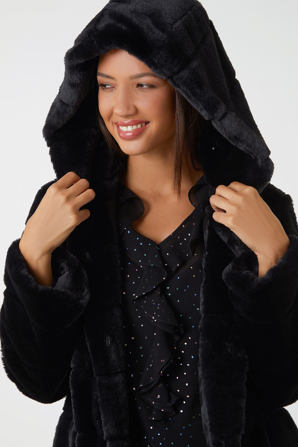 Black Faux Fur Hooded Longline Coat, Image 5 of 6