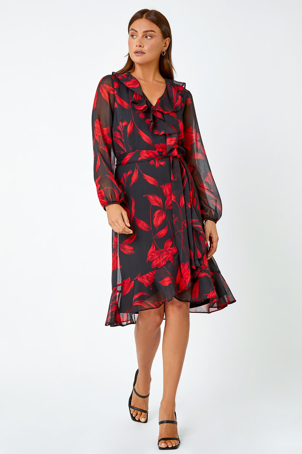Red Floral Chiffon Frill Wrap Dress, Image 2 of 5