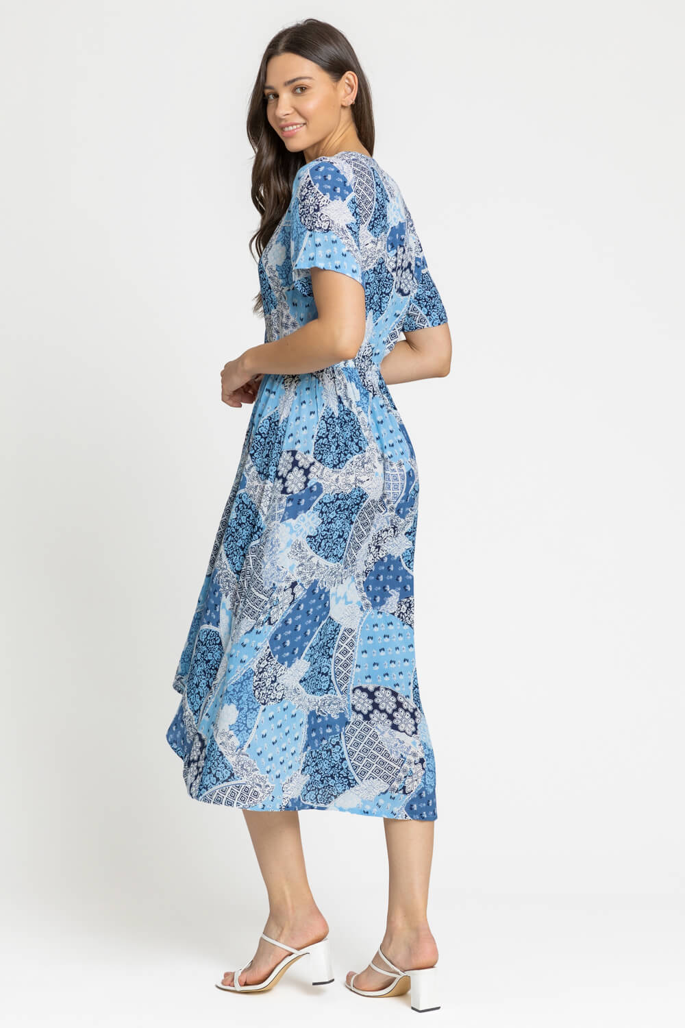 Patchwork Floral Wrap Dress in Light Blue - Roman Originals UK