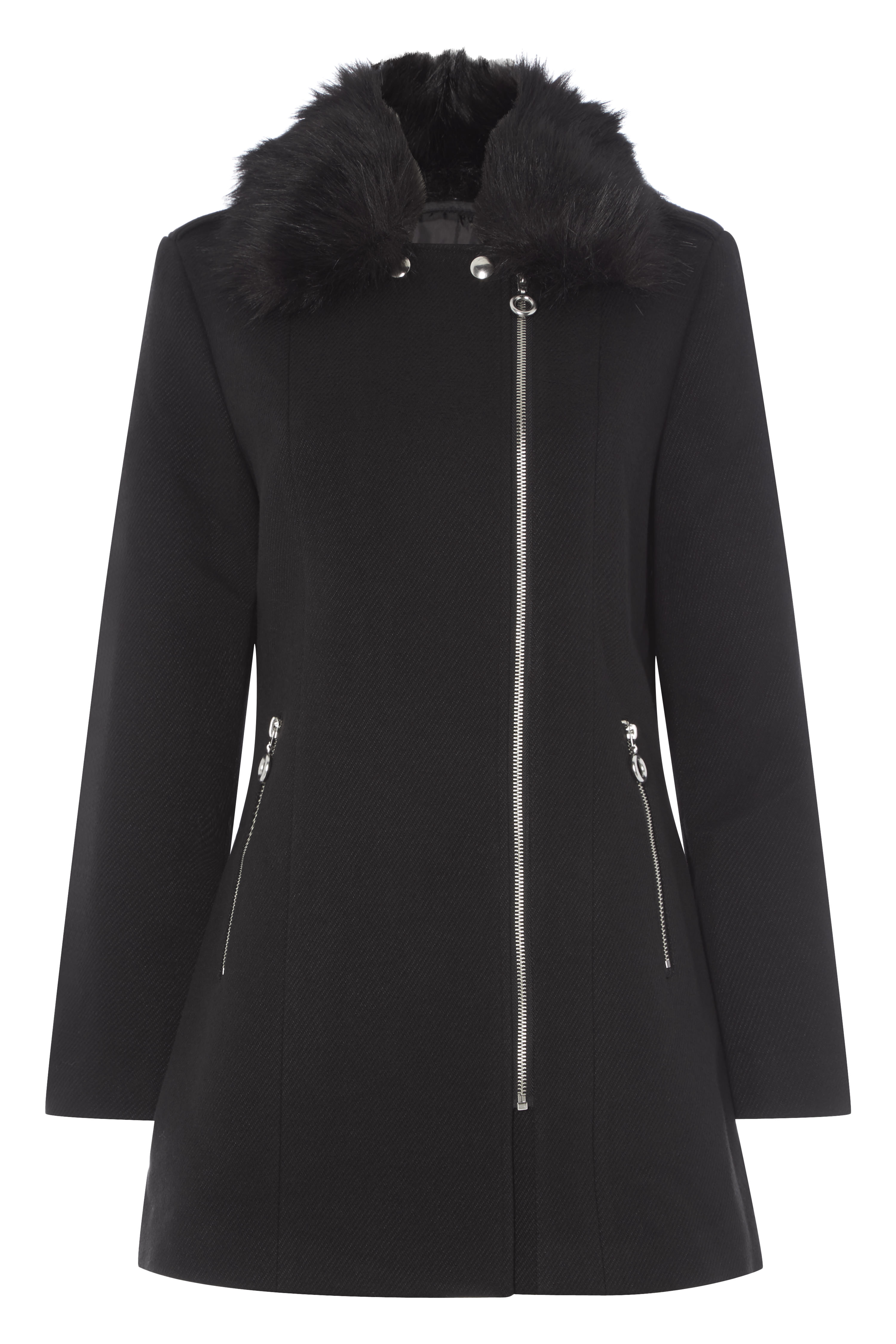 Faux Fur Collar Twill Coat in Black - Roman Originals UK