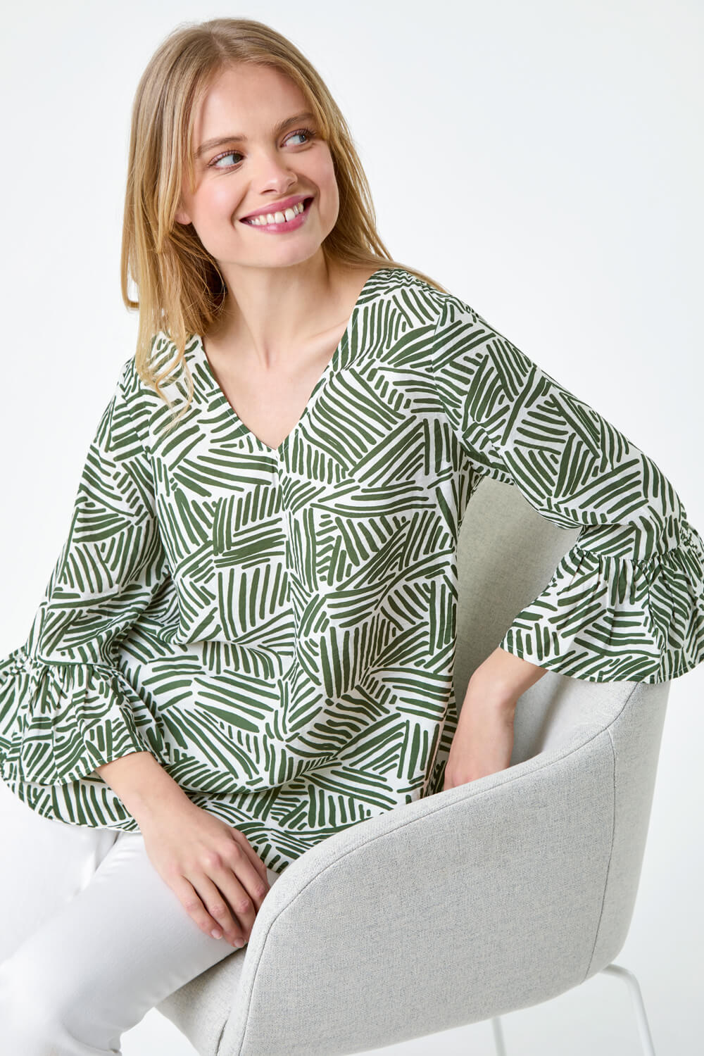 Abstract Print Frill Detail Top