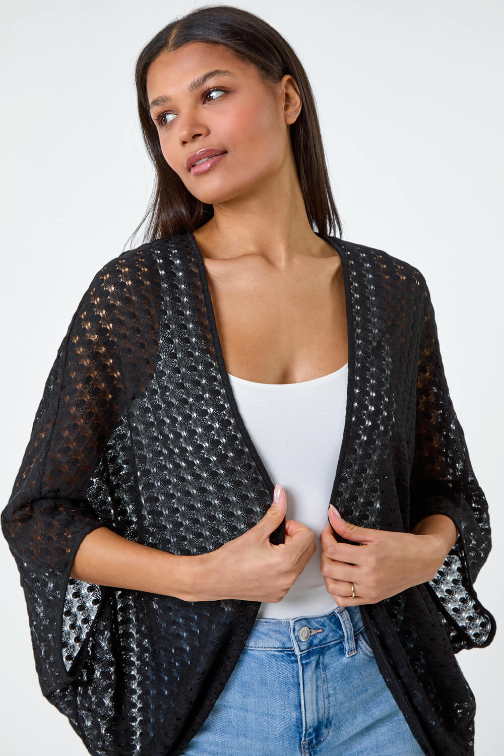 Black Textured Knit Cardigan Cover Up, Image 4 of 5