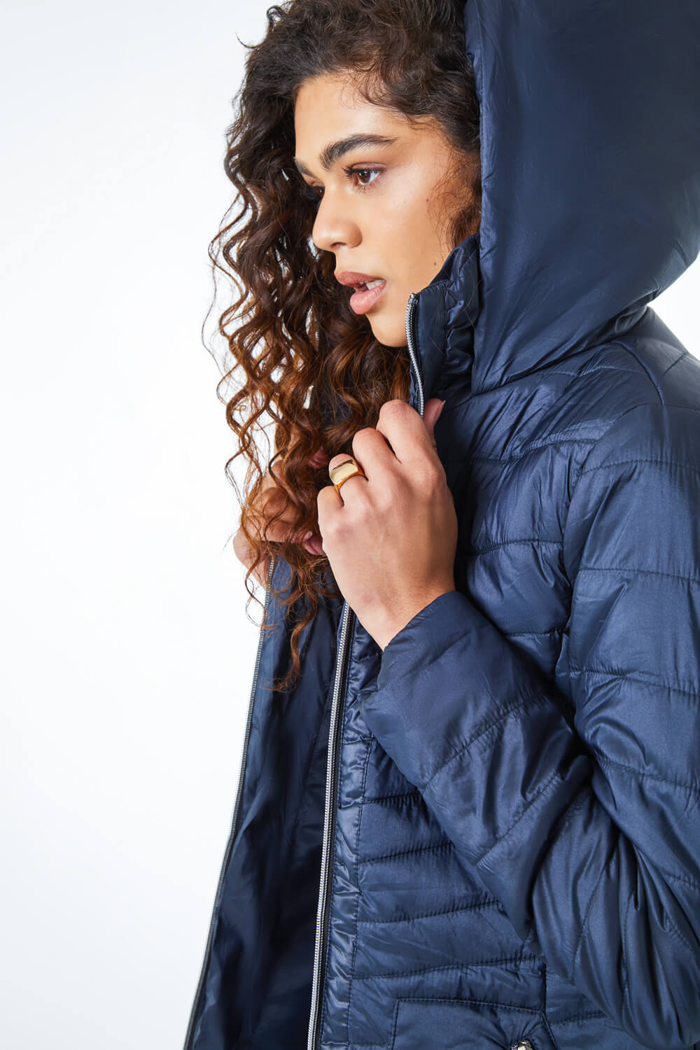 Navy  Longline Quilted Coat with Hood, Image 5 of 6