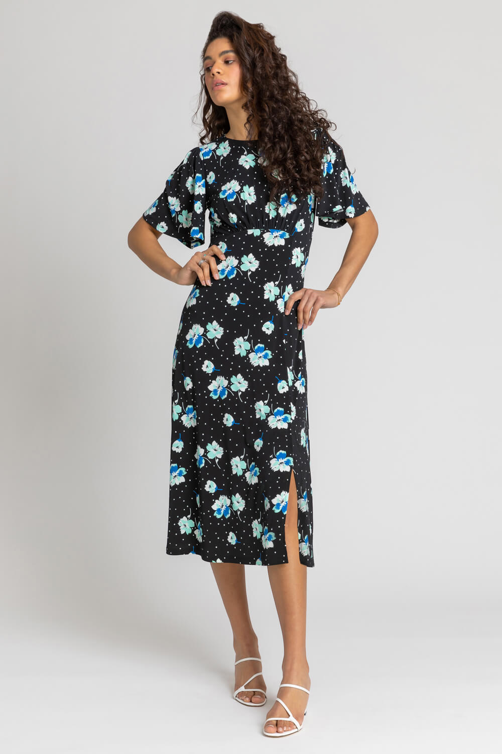Black Spotted Floral Fit & Flare Midi Dress, Image 3 of 5