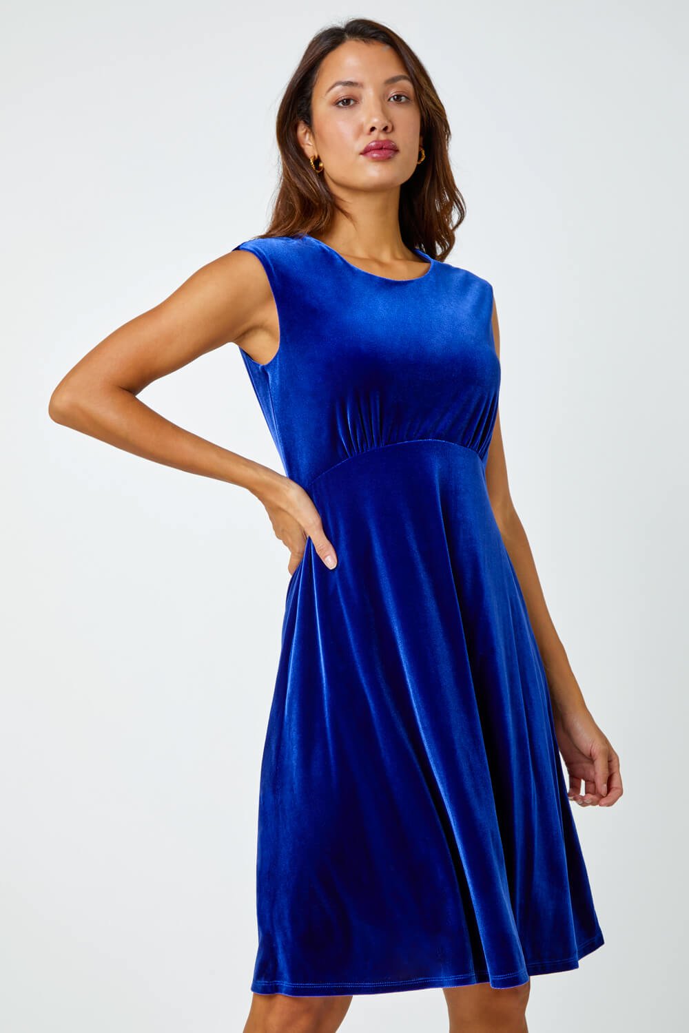 Royal Blue Velvet Fluted Hem Stretch Dress, Image 2 of 6