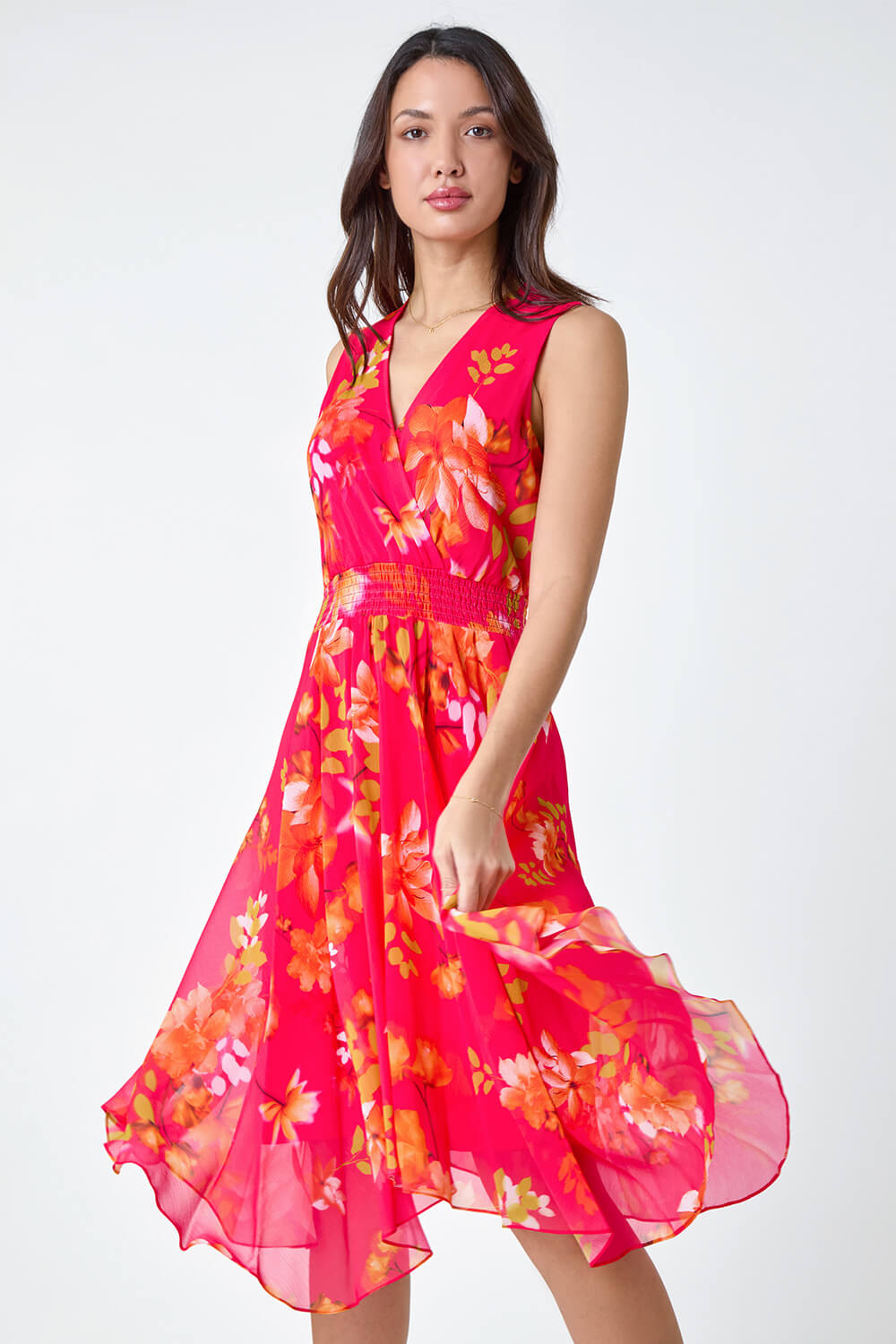 CERISE Floral Print Shirred Asymmetric Dress, Image 1 of 6