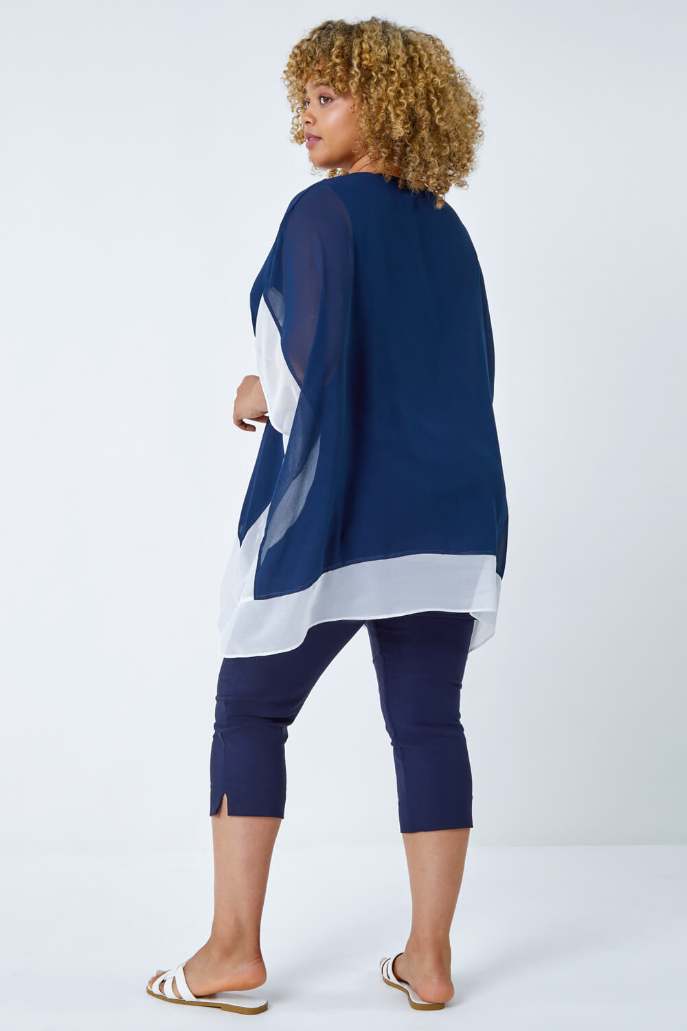 Navy  Curve Chiffon Overlay Top , Image 3 of 5
